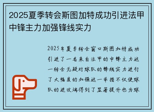 2025夏季转会斯图加特成功引进法甲中锋主力加强锋线实力 2025夏季转会斯图加特成功引进法甲中锋主力加强锋线实力