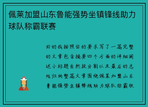 佩莱加盟山东鲁能强势坐镇锋线助力球队称霸联赛